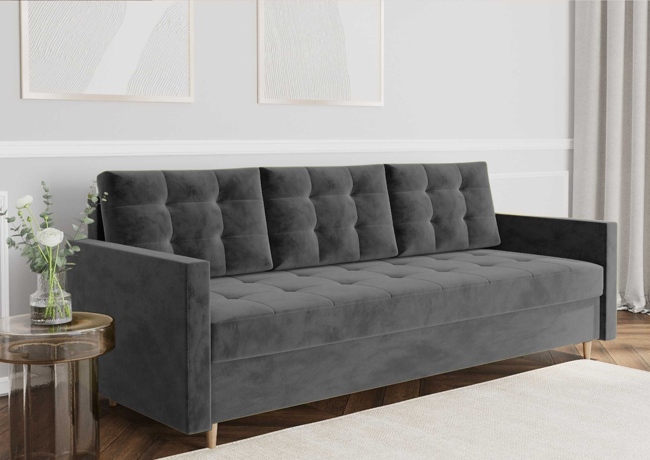 Pikowana sofa z funkcją spania na drewnianych nogach w kolorze grafitowym